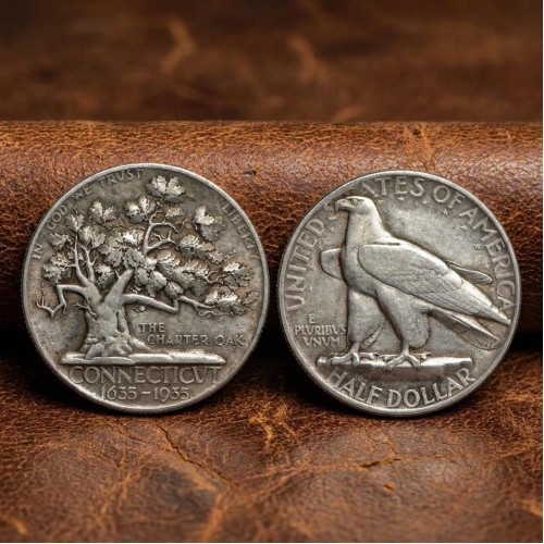 1935 Connecticut Tercentenary Half Dollar Commemorative Coin, Charter Oak Modernist Eagle Antique Silver Coin, US Old Coin for Collectors