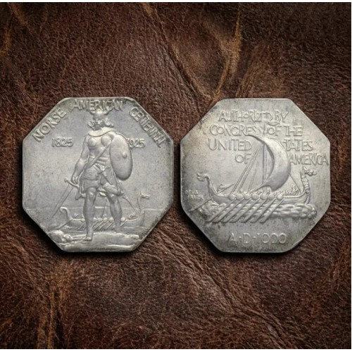 Rare US Commemorative Coins for Collectors - 1925 Norse-American Centennial Medal - Octagonal Viking Chieftain & Dragon Ship Design Old Coin